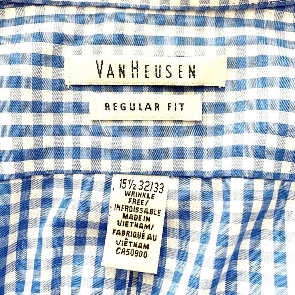 Van Heusen 15.5 Mens Shirt Button Down Collar Front Top Blue White Checks - Picture 5 of 5